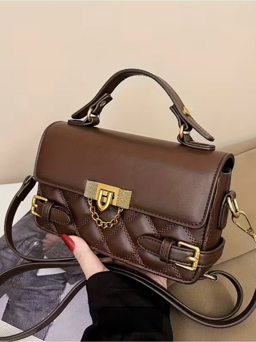 Brown Quilted Top-Handle Crossbody Bag with Gold Hardware